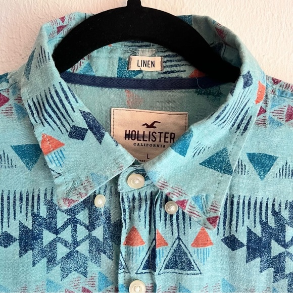 Hollister Linen Button Up Blue Geometric Aztec, Size Large - Picture 4 of 10